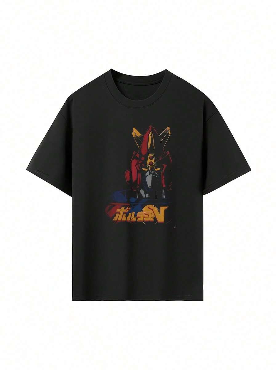 Men's Anime Voltes V Graphic T-Shirt - Vintage Robot Arms Design In Red-Gelb-Black, Soft Breathable Cotton Shirt For Retro Anime Fans, Casual Everyday & Convention Outfit, Summer Fashion, Cool Print, Comfortable Cut, Short Sleeve Top, Pop Culture Love, Durable Material - Black - View 1