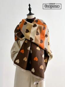 1 pieza Chal/Bufanda de cachemira sintética multicolor con patrón de corazón de patchwork, versátil y apto para uso diario con vestidos, grueso y cálido