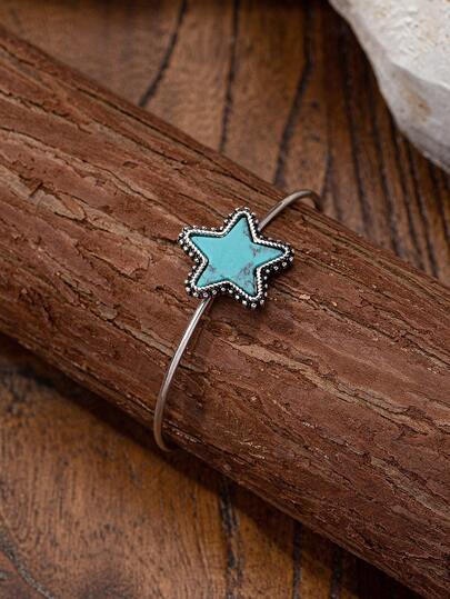 1 pieza Brazalete tipo brazalete de estilo occidental antiguo del medio oeste con decoración de piedra de turquesa en forma de estrella, cactus, cabeza de ganado, relámpago y luna para mujeres