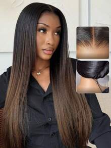 Tóc giả Bye Bye Knots 7x5 Lace Front không cần keo dán, đã cắt sẵn, tẩy trắng sẵn, tỉa gọn, chân tóc đen chuyển dần sang nâu hạt dẻ ombre Light Yaki thẳng, có dây rút vô hình, dễ đội, phù hợp với mọi kích cỡ đầu, ren trong suốt, 100% tóc người, có thể nhuộm. Tóc Unice - SNATURAL/33 - Xem 9