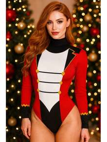 NAVIDAD Body Navideño con Diseño Santa Claus Galleta de Jengibre Gr1nch Muñeco de Nieve Snowman Casca Nueces Pingüino Reno y Duende Estampado Lindo de Manga Larga Cuello Alto para Mujer Dama Sexy NAVIDAD Christmas Rojo Santa Pinguino - Rojo y blanco - Ver 2