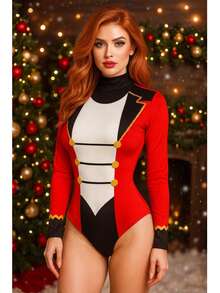 NAVIDAD Body Navideño con Diseño Santa Claus Galleta de Jengibre Gr1nch Muñeco de Nieve Snowman Casca Nueces Pingüino Reno y Duende Estampado Lindo de Manga Larga Cuello Alto para Mujer Dama Sexy NAVIDAD Christmas Rojo Santa Pinguino - Rojo y blanco - Ver 3