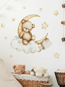 1 pieza Pegatina de pared para guardería con oso de dibujos animados durmiendo, estrellas, nube y luna, calcomanía de arte para guardería, jardín de infancia, habitación de niños, dormitorio, decoración del hogar, pegatinas de decoración de pared - Multicolor - Ver 5