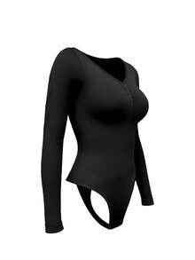 1pc Women Shapewear Long Sleeve Bodysuit With Waist Trainer And Breast Lift - Black - View 3