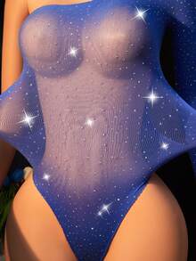 1pc Women's Sexy Lingerie Bodysuit,Sparkle Rhineston,Long Sleeves Hollow See-Throug,Sexy Tights Nightwear,Hot Girl Outfit,Bikini Cover-Up,Sexy Party Role Play Costume Valentine's Day - Blue - View 4
