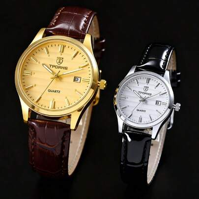 1pc Couple's Quartz Watch, Black & White/Brown & Gold Leather Strap Calendar Wristwatch, Unisex Business Casual