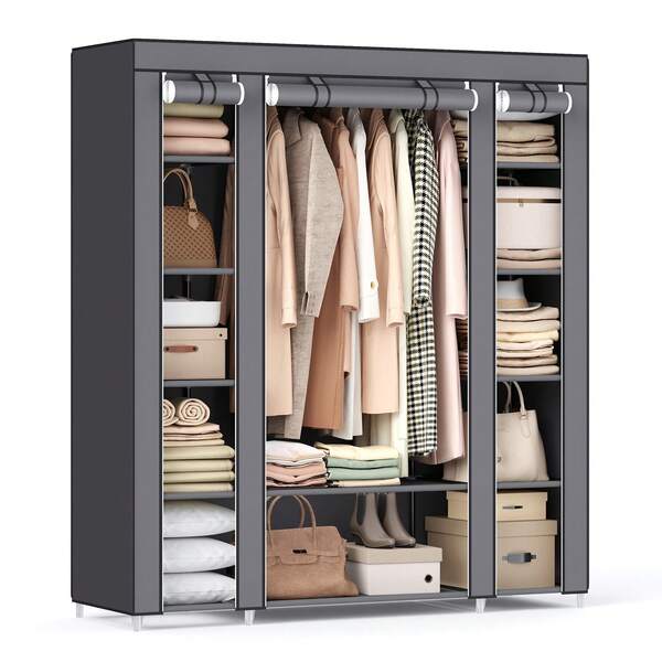 SONGMICS Closet Wardrobe, Portable Closet For Bedroom, Clothes Rail With Non-Woven Fabric Cover, Clothes Storage Organizer, 17.7 X 59.1 X 68.9 Inches, 12 Compartments, Gray