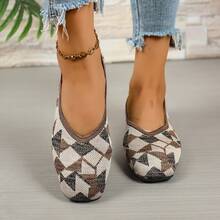 女士公主鞋，撞色几何图案方头针织鞋，女士低帮舒适透气乐福鞋 - 棕米色 - 查看 9