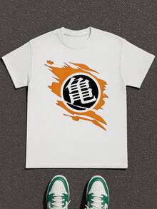 PLUS SIZE Dragonball Symbol Anime Tee , Men's Double-Sided Printed Fashionable Casual Crew Neck 220gsm Pure Cotton T-Shirt(1 PC) - 白色 - 查看 2