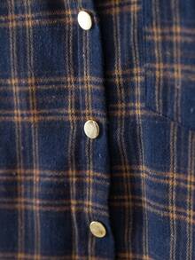 YUXIN 女春夏复古格子衬衫翻领长袖宽松日常通勤/休闲出游透气修身百搭上衣 - 藍色 - 查看 9