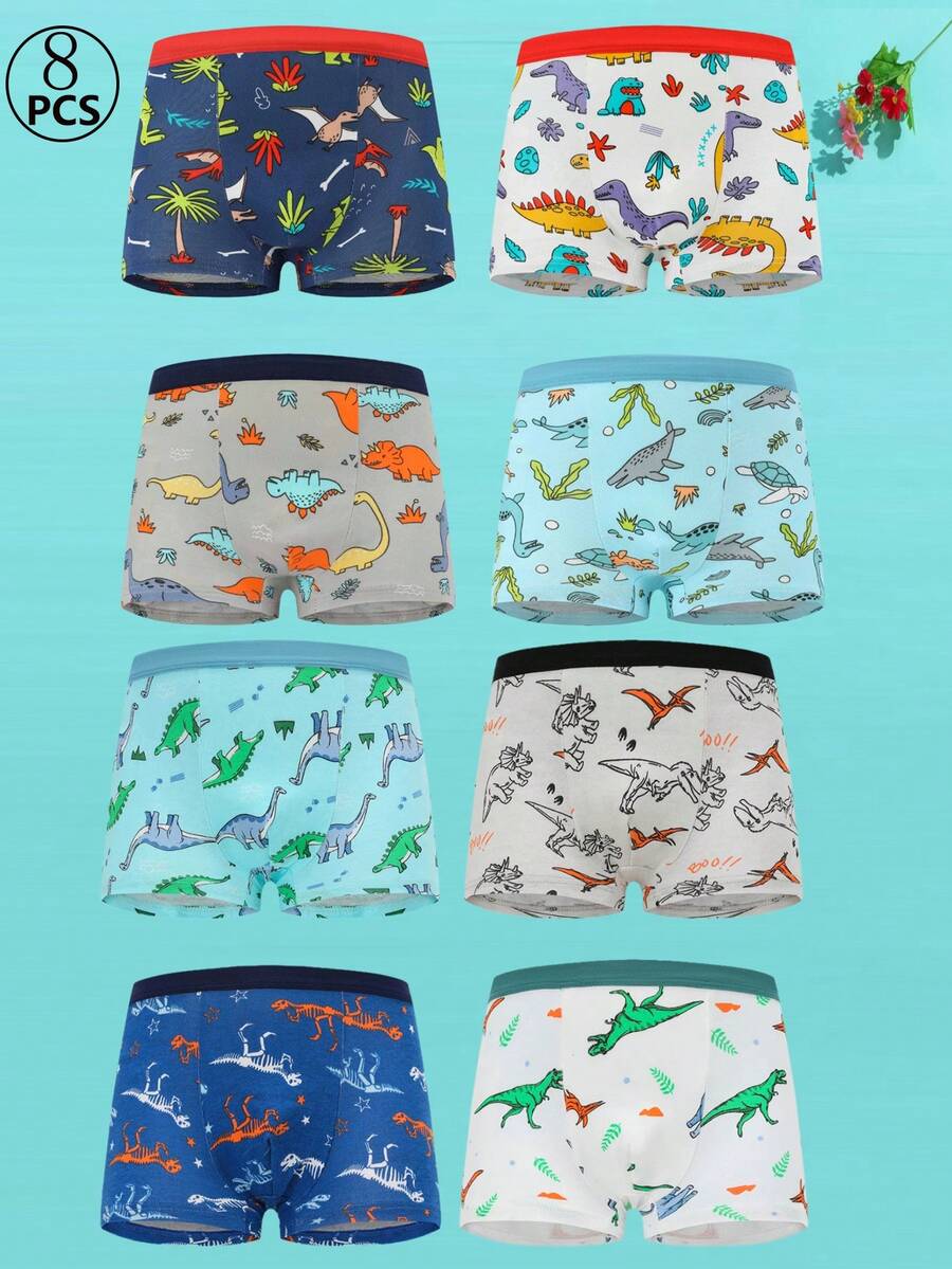 8pcs/Pack Cartoon Dinosaur Print Boys' Cotton Briefs, Soft & Comfortable, Suitable For Kids & Toddlers, All Seasons - Multicolor - View 1