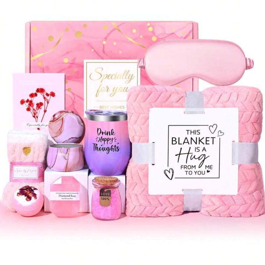 Unique Care Gifts For Women,Relaxing Spa Gift Basket Set,  Bath Sets Gift, With Stainless Steel Tumbler & Flannel Blanke,9/10/12-Piece,Holiday Gifts,Birthday Gifts For Mom, Sister,Best Friend,Wife,Graduation Gift Boxes - 粉紅色-12盎司 - 查看 1