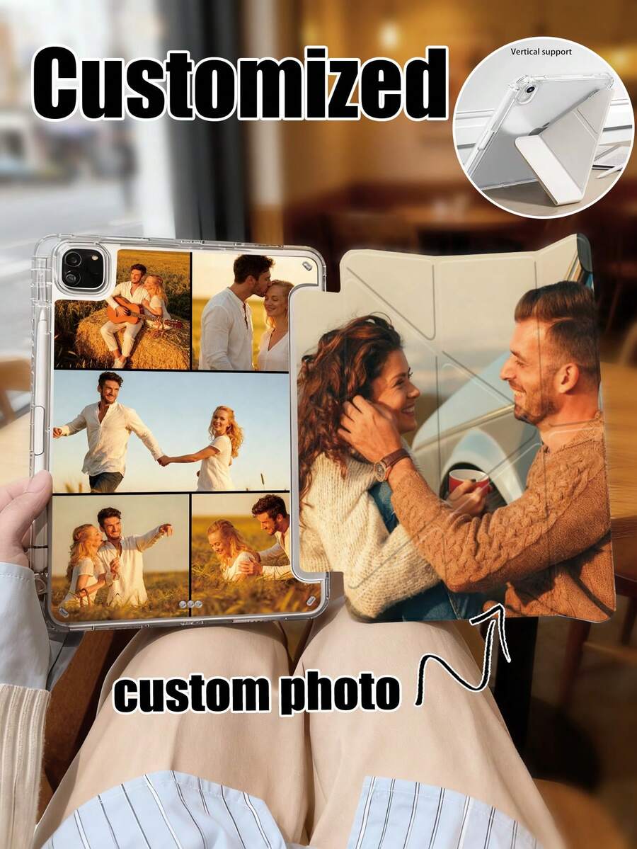 1pc Customizable Photo Slim Transparent Case Suitable For IPad 10th Gen 10.9" (2022) / IPad (A16) 11" 11th Gen (2025) / IPad Air 4th/5th Gen, IPad Pro (2020/2021/2022/2024), Thin & Fashionable, With Pencil Slot, Multi-Angle Y-Shaped Stand - White - View 1