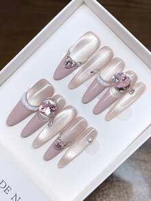 Móng giả thủ công nguyên chất, hình dáng oval dài, vẽ tay họa tiết mắt mèo màu hồng kiểu Pháp, móng tay cá nhân hóa cho mùa thu đông, móng giả chất lượng cao, móng giả phủ kín toàn bộ móng, móng kiểu Y2K, móng dán thủ công. - Nhiều màu - Xem 5