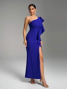 Fuaheng Navy Blue Asymmetric Ruffle Sleeve Cinched Waist High Slit Bodycon Cocktail Dress Party - Royal Blue - View 6