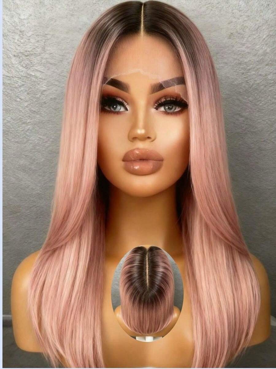 13x4x1 HD Ombre Pink Colored Silk Straight Wig Human Hair With Dark Roots 250 Density Lace Clousre Wigs Human Hair Pre Plucked With Baby Hair Pink Straight Tpart Lace Wigs Human Hair Brazilian Remy Wig For Women Natural Hairline - 根根分明與漸層 - 查看 1
