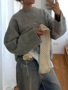女士复古圆领毛衣，休闲时尚风格，浅灰色，适合秋冬季穿着 - 灰色 - 查看 3