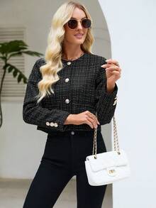 Women's Elegant Round Neck Long Sleeve Thick Wool Front Button Cardigan Jacket - Black - View 5