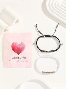 ATLVXJL 2pcs/Set Glow-In-The-Dark Couple/Friendship Stainless Steel Double Heart Pendant Adjustable Rope Bracelet Set, Suitable For Daily Wear And Valentine's Day Gift