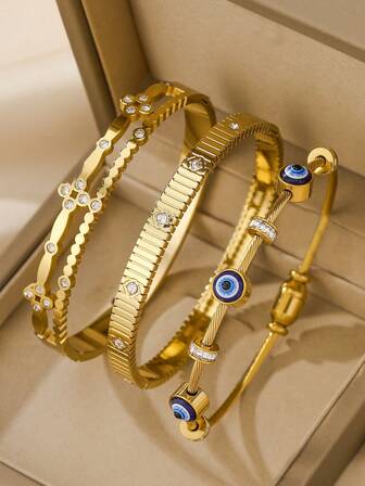 3件套或1件装不锈钢女士手链，四叶花设计，优雅高品质阿拉伯风格恶魔之眼饰品，适合女士派对、圣诞礼物、节日聚会、音乐节、度假等场合佩戴。