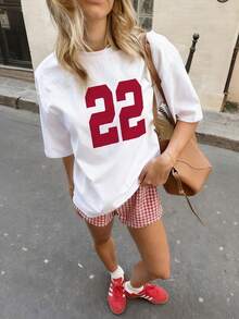 女士红色数字印花圆领短袖休闲 T 恤，时尚百搭，适合日常穿着，春夏季