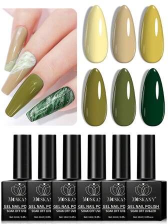 LIMEGIRL MOSKANY 6色UV LED可卸甲油胶套装 - 奶油黄、米色、芥末黄、橄榄绿、鼠尾草绿、森林绿，灵感源自大地色系，持久亮泽及哑光效果，高显色度，易于涂抹，适合所有季节和场合