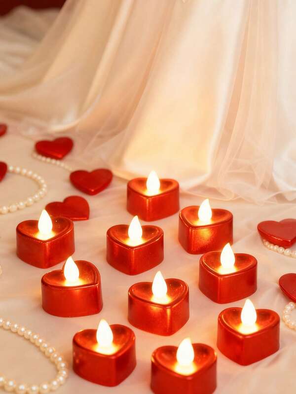 12 شمعة قلب بشكل LED بدون لهب باللون الأحمر، شموع LED على شكل شاي، شموع واقعية بدون لهب، مناسبة لحفلات الزفاف وعيد الحب والمناسبات والديكور المنزلي وتزيين طاولة الطعام وإنشاء أجواء رومانسية في الذكرى السنوية وحفلات العشاء