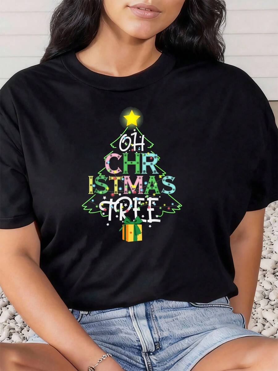Vintage Retro Oh Weihnachtsbaum Passendes Weihnachtsfest Hässliches T-Shirt Grafik-T-Shirts Frauen Crop Tops Sommeroutfits für Frauen Sommeroberteile T-Shirt - Schwarz - Übersicht 1