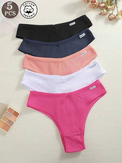 5pcs Women's Multicolor Ribbed Breathable Low Waist Sexy Bikini Briefs