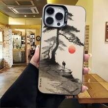 Carcasa para iPhone con diseño de árbol y sol rojo en estilo acuarela gris y blanco para uso diario en cafeterías - Blanco - Ver 4