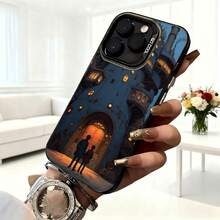 Cubierta de telefono con diseño de castillo mágico azul oscuro con pareja frente a puerta iluminada para uso diario en cafeterías y salas de estar - Negro - Ver 6