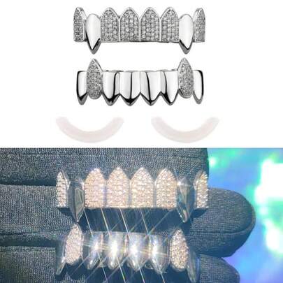 Grillz - Shiny Copper Teeth Grillz, Unisex Streetwear Hip Hop Accessory For Everyday Wear & Halloween Parties, Suitable For Holiday Outfits, Holiday Fashion Accessories, Party Goers