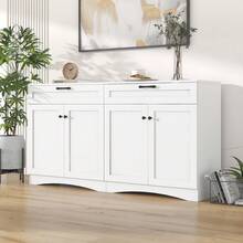 Meuble de Rangement 160x40x85 cm - Buffet de Salon avec 2 Tiroirs - Table d'Appoint au Design Courbé et Poignée Noire - 2 Grands Compartiments Fermés - 7 Espaces de Rangement au Total - Blanc - Voir 2