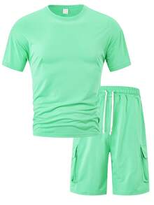 男士轻薄薄荷绿套装（2件套），宽松圆领T恤+工装短裤，休闲运动风，适合海滩、度假和旅行。 - 綠色 - 查看 3