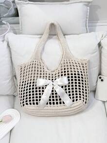 BAIZE Lightweight Casual Hollow Beach Bag,White Bag Woven Shopping Crochet Tote Bag, Large Capacity Handbag, Suitable For Travel, Outdoor And School.Travel Essentials,Holiday Essentials,Multifunctional Kitchen Storage Lunch Bag, Suitable For Beach Vacation Or Easy Carrying, Elegant Wedding Season