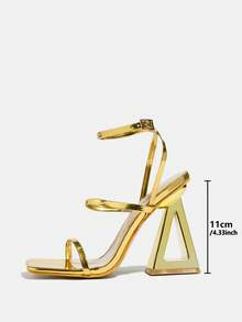 Square Toe High Heel Sandals, Chunky Heel, Elegant & Comfortable, Casual Buckle Strap Open Toe Breathable Asymmetric Heel Party Wedding Dress Sandals - 金色 - 查看 5
