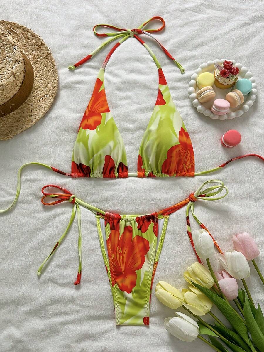 Bộ bikini hai mảnh in họa tiết phối màu, kiểu dáng giản dị, dễ thương, thanh lịch, gợi cảm, phong cách Bohemian, có dây rút, thích hợp cho du lịch biển, kỳ nghỉ xuân/hè. - Nhiều màu - Xem 1