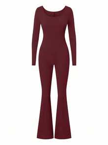 Bộ jumpsuit nữ AiTyi PETITE, dáng ôm vừa vặn, màu trơn, cổ chữ U, tối giản, thời trang, gợi cảm, thoải mái, ôm sát, phù hợp cho hoạt động ngoài trời, thể thao, đi làm, đa năng, phong cách Y2K, tốt nghiệp, lễ hội, lễ Phục sinh, Ngày của Mẹ, mùa xuân/hè. Jumpsuit dệt kim tay dài ống loe. - Màu Đỏ Sâu - Xem 4