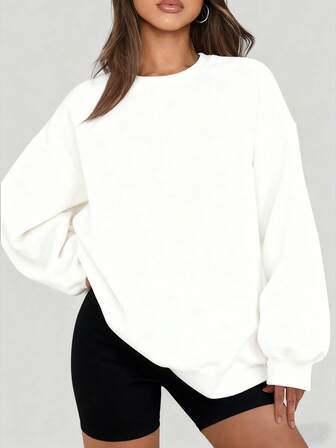SUPEKYKO Women's Oversized Drop Shoulder Crew Neck Sweatshirt - Solid Color Round Neck Long Sleeve Casual Sportswear