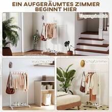 HOMCOM Clothes Rack With Wheels, Mobile Wardrobe With Clothes Rail, 5 Hooks, White Shoe Rack - 1 - View 8