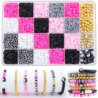 1box Clay Beads Bracelet Kit Friendship Bracelet Making Kit For Girls Golden Letter Beads Pink White Clay Beads Kit For DIY Jewelry Making