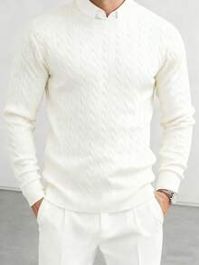 Men's Casual Versatile Solid Color Twist Knit Crew Neck Sweater - White - View 3