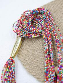 1件波西米亚风多层黑色串珠金色管状打结长项链 - 彩色 - 查看 6