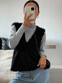 Livesso 女士黑色无袖拼接绒面褶皱设计宽松休闲百搭叠穿背心，秋季款