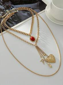 3件套复古心形椭圆几何多层设计锁骨链套装 - 金色 - 查看 4