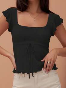 Women's Solid Color Cropped Square Neck Top With Bow Tie, Ruffle Cuffs, Flared Hem, And Slim Fit, Y2K Cute Style And French Elegant Style, Simple Versatile Design, Perfect For Everyday Outings, Street Style Photos, City Walks, Cafe Dates, Concerts, And Valentine's Day Outfits - 黑色 - 查看 5