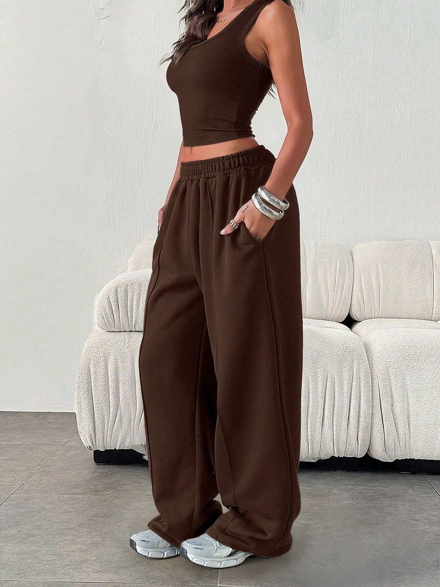 Quần nỉ nữ dáng rộng, màu trơn, cạp chun co giãn, có túi, thích hợp mặc mùa đông. - Cà phê nâu - Xem 1