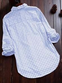 女式复古格子长袖休闲衬衫，春夏 - 淺藍色 - 查看 2