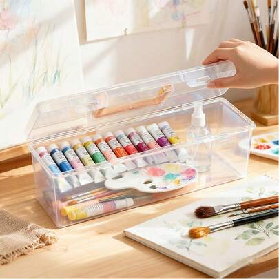 2pcs Art Supply Storage Boxes, Latch Sealed Design, Holds Paint Tubes & Brushes Neatly, Portable With Handle For Studio Desk Organization