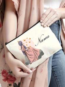定制姓名穆斯林宗教人物复古粉色头巾和发光蝴蝶设计白色涤纶化妆包 - 大容量轻便拉链旅行洗漱包，男女通用成人礼物，适合开斋节、斋月、节日、个人护理包，宗教象征意义，耐用拉链，可定制文字。